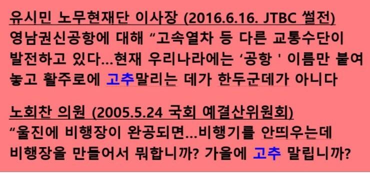 본문 이미지 - 윤희숙 국민의힘 의원은 25일 유시민 노무현재단 이사장, 고(故) 노회찬 전 정의당 의원도 활용도 낮은 기반시설 건설을 비판하는 의미에서 '활주로 고추말리기' 표현을 사용했다며 이를 표로 만들어 소개했다. (페이스북 갈무리) ⓒ 뉴스1