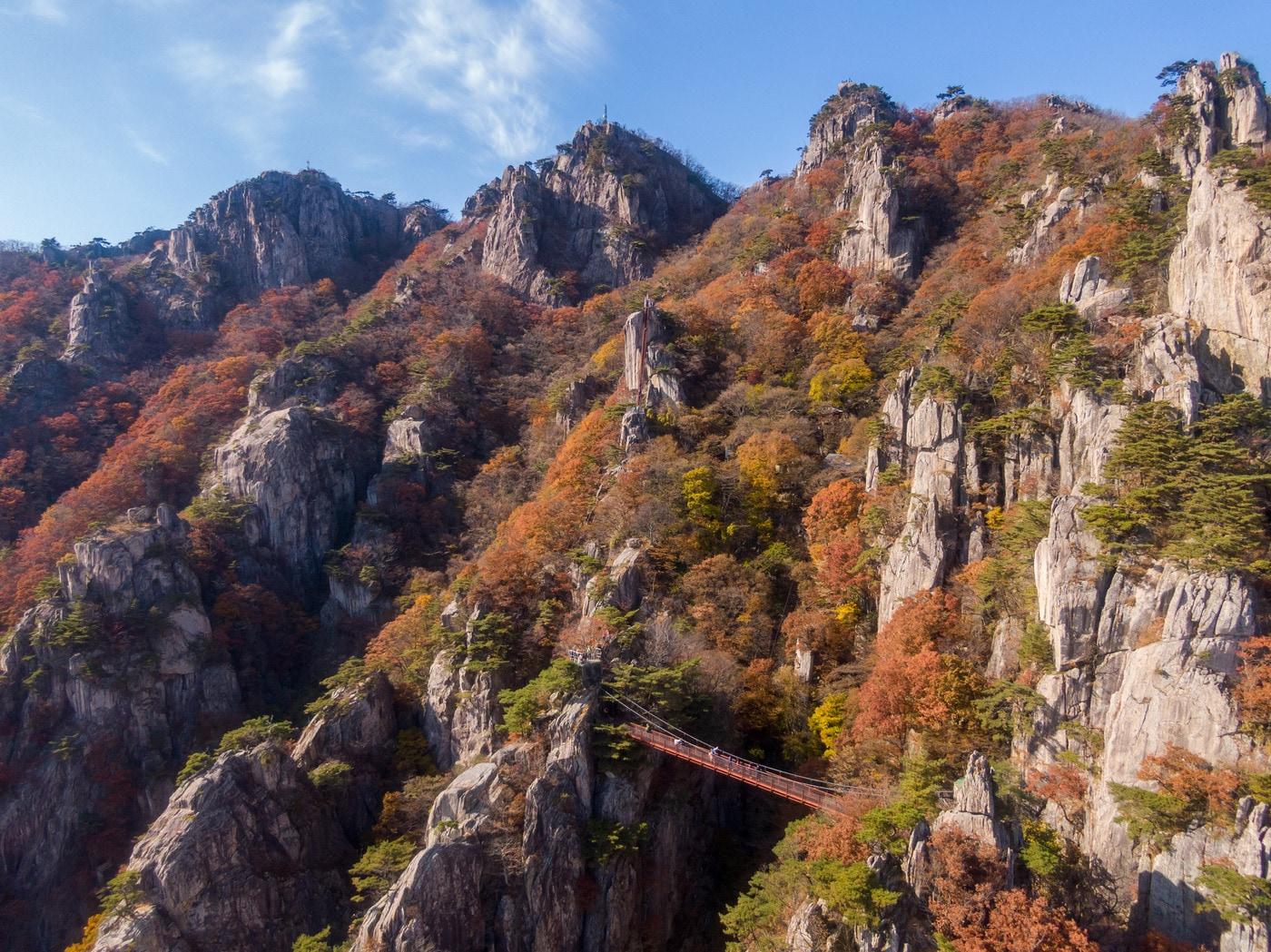 본문 이미지 - 지난달 29일에 드론으로 촬영한 단풍으로 물든 대둔산 풍경. 지엔씨21 제공