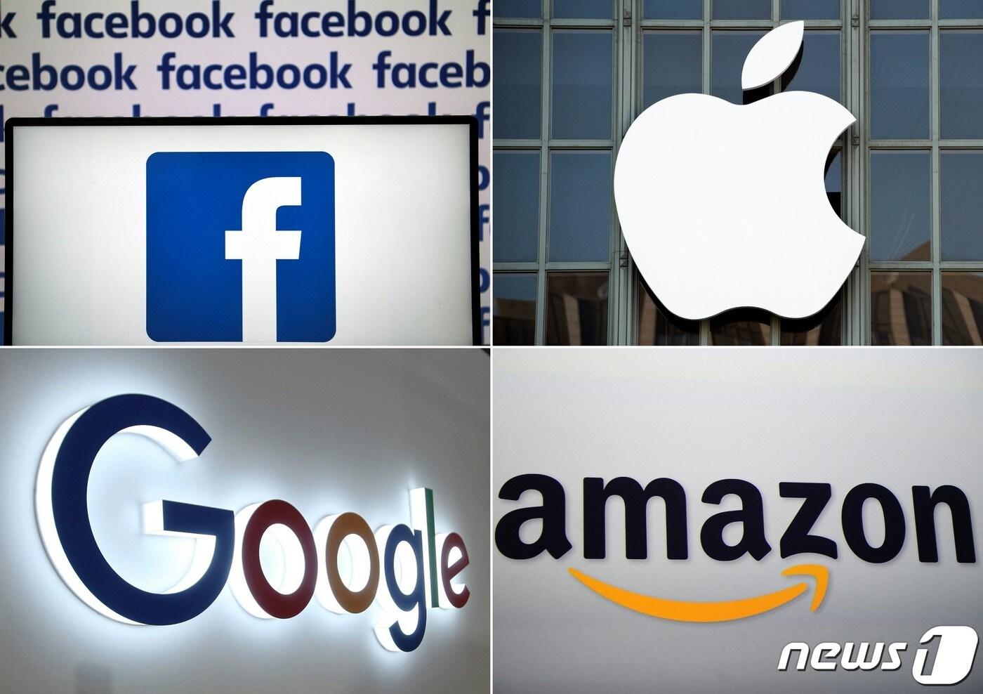 (왼쪽 위부터 시계방향으로) 페북과 애플, 아마존, 구글 이미지. (사진=AFP)