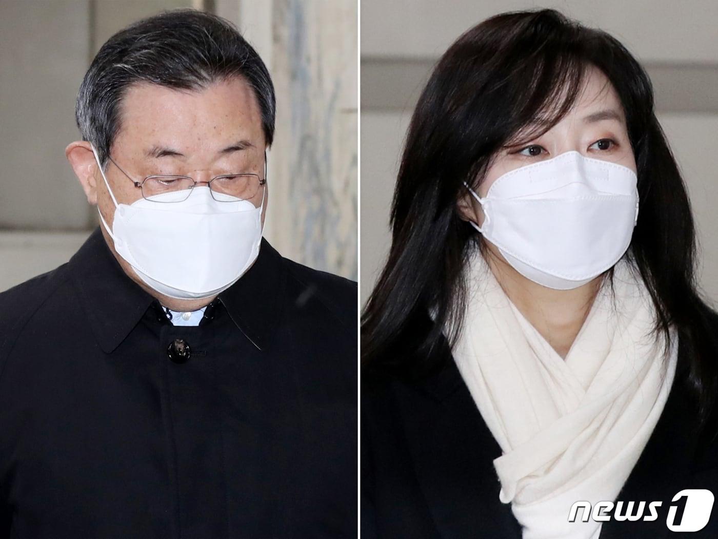 본문 이미지 - 4·16세월호참사 특별조사위원회(특조위) 설립과 활동을 방해한 혐의로 기소된 이병기 전 청와대 비서실장(왼쪽)과 조윤선 전 청와대 정무수석이 17일 오후 서울 서초구 서울고등법원에서 열린 2심 선고 공판에 출석하고 있다. 2020.12.17/뉴스1 ⓒ News1 민경석 기자