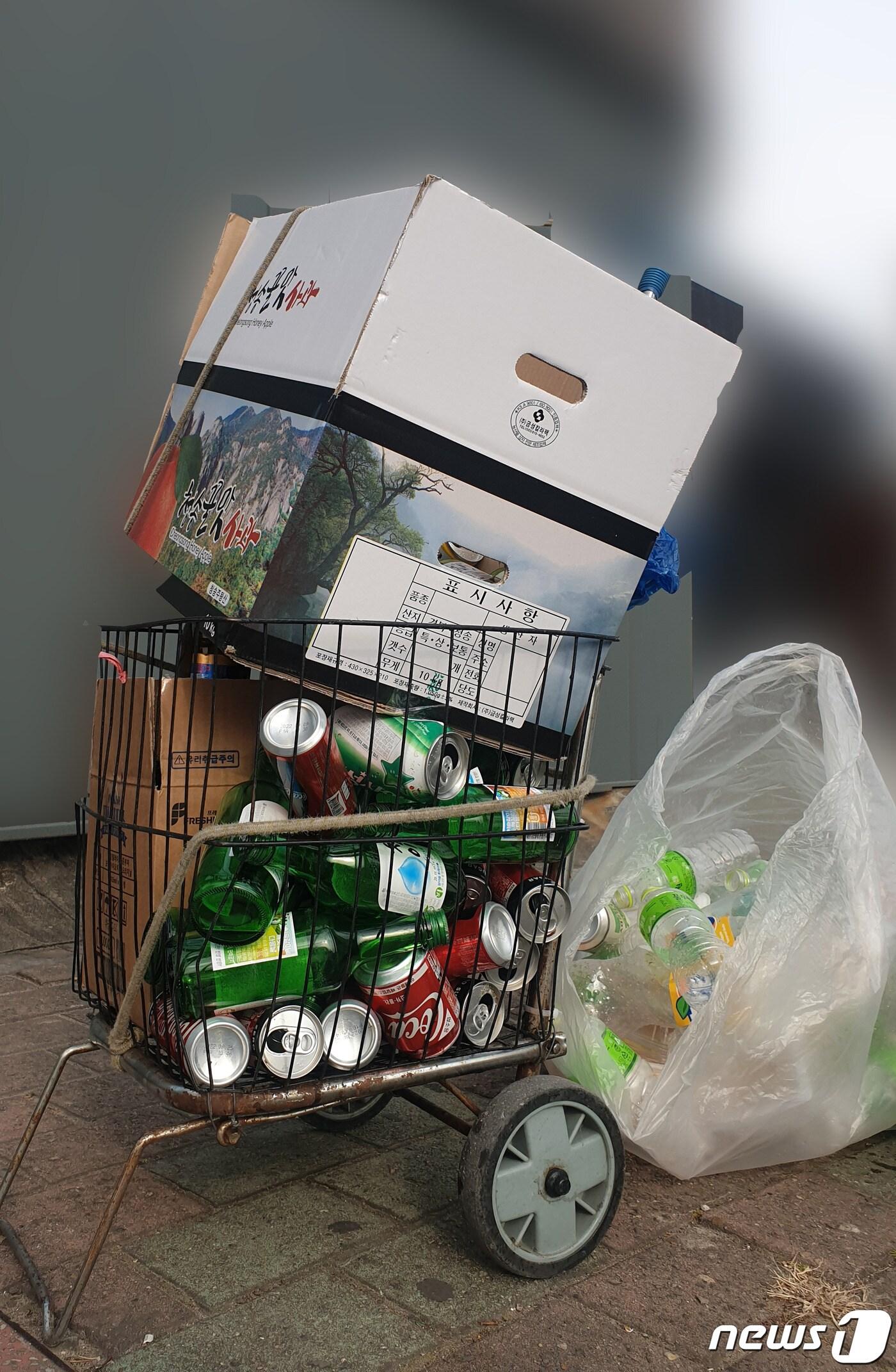 본문 이미지 - 18일 경북 포항시 북구 동빈동 인근 숙박업소 엪에서 폐지 수거용 손수래에 소주병과 음료수 캔이 가득 차 있다. 2020.12.18/최창호 기자ⓒ 뉴스1