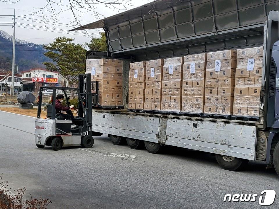 본문 이미지 - 2일 농업회사법인인 조은이 중국과 홍콩에 수출하는 ABC주스를 선적하고 있다. ⓒ 뉴스1