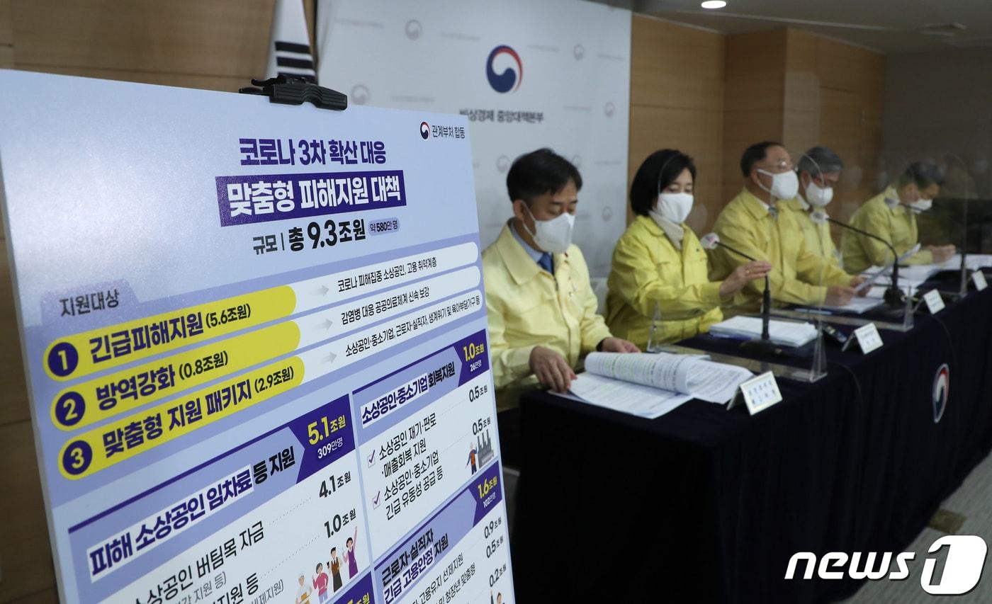 본문 이미지 - 홍남기 경제부총리 겸 기획재정부 장관이 29일 오전 종로구 정부서울청사 브리핑실에서 긴급재난지원금을 비롯한 코로나19 확산에 대응한 맞춤형 피해지원대책을 발표하고 있다. 왼쪽부터 양성일 보건복지부 제1차관, 박영선 중소벤처기업부 장관, 홍 부총리, 이재갑 고용노동부 장관, 은성수 금융위원회 위원장. 2020.12.29/뉴스1 ⓒ News1 송원영 기자