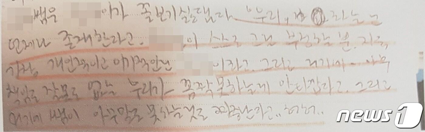 본문 이미지 - 부산의 한 유명 대안교육 시설에서 이뤄진 성폭력과 인권침해를 호소한 졸업생 A씨가 재학할 당시 성폭력 2차 가해를 목격한 난 뒤 일기장에 남겨놓은 기록.  A씨는 2014년 당시 대안교육 시설에서 근무하는 교사 B씨가 문제를 제기한 성폭력 피해자를 '이기적인 사람'으로 규정하고 '(피해자가) 꼴보기 싫다' '아무 책임도 잘못도 없는 우리(학교 구성원)가 꼼짝 못하는게 안타깝다'고 학생들에게 말한 내용을 일기장에 적었다.ⓒ 뉴스1 조아현 기자