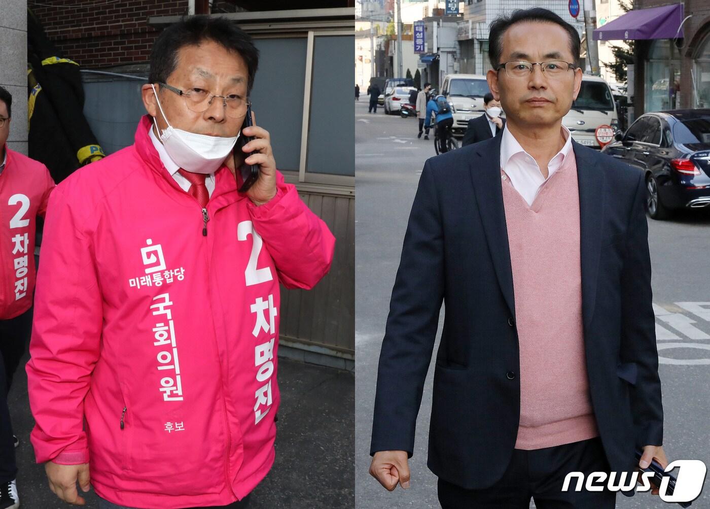 본문 이미지 - 막말 논란으로 윤리위에 회부된 차명진 미래통합당 부천시병 후보(왼쪽)와 김대호 관악구갑 후보가 10일 오전 서울 영등포구 미래통합당사에서 열린 윤리위원회에 참석하고 있다. 2020.4.10/뉴스1 ⓒ News1 박세연 기자