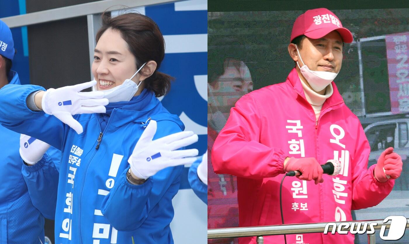 본문 이미지 - 고민정 더불어민주당·오세훈 미래통합당 광진을 후보가 12일 서울 광진구 거리유세에서 춤을 추며 지지를 호소하고 있다. 2020.4.12/뉴스1 ⓒ News1 김명섭 기자