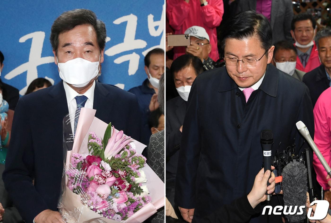 본문 이미지 - 이낙연 더불어민주당 서울 종로구 국회의원 후보가 15일 선거사무소 상황실에서 당선을 확정짓자 꽃다발을 들고 있다(왼쪽 사진). 오른쪽은 낙선인사하는 황교안 미래통합당 후보. 2020.4.15/뉴스1 ⓒ News1 허경 기자,이승배 기자