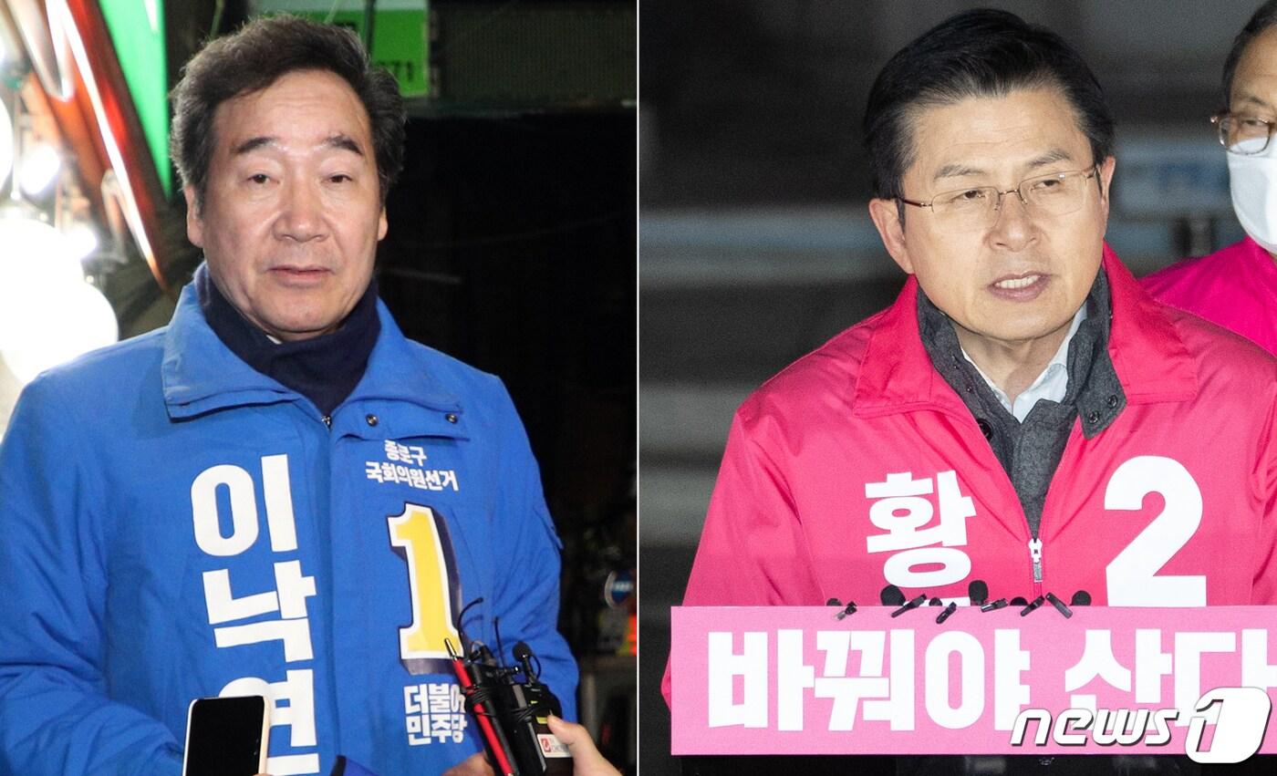본문 이미지 - 4·15 총선 공식 선거운동이 시작 됐다. 2일 오전 종로에 출마하는 이낙연 더불어민주당 후보(왼쪽)가 서울 종로구의 한 마트 앞에서 공약을 발표하며 첫 선거 운동을 하고 있다. 사진 오른쪽은 지난 1일 황교안 미래통합당 대표가 광화문광장에서 '나라 살리기·경제 살리기 출정 선언 기자회견'을 하고 있는 모습. 2020.4.2/뉴스1 ⓒ News1 이재명 기자