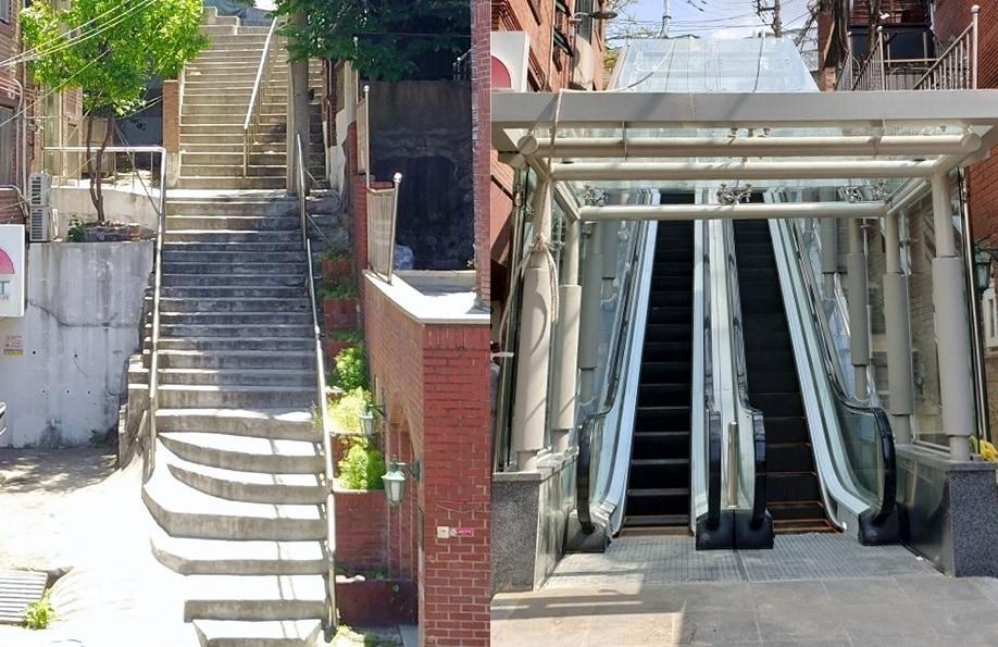 본문 이미지 - 서울 서대문구 신촌동 공공도로의 에스컬레이터 설치 전(왼쪽)과 후의 모습.(서대문구 제공)ⓒ 뉴스1