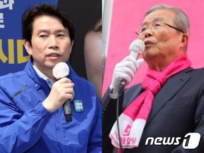 본문 이미지 - 서울 강남 유세에 나선 이인영 더불어민주당 원내대표(왼쪽)과 강원도 원주를 찾은 김종인 미래통합당 총괄선대위원장. 2020.04.07. ⓒ 뉴스1