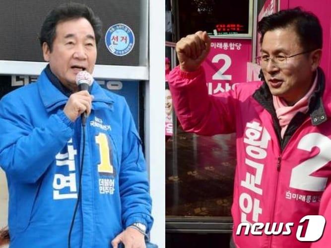 본문 이미지 - 서울 종로구 재동 유세에 나선 이낙연 더불어민주당 상임공동선대위원장(왼쪽)과 서울중앙시장 합동유세를 진행한 황교안 미래통합당 대표. 2020.04.07. ⓒ 뉴스1