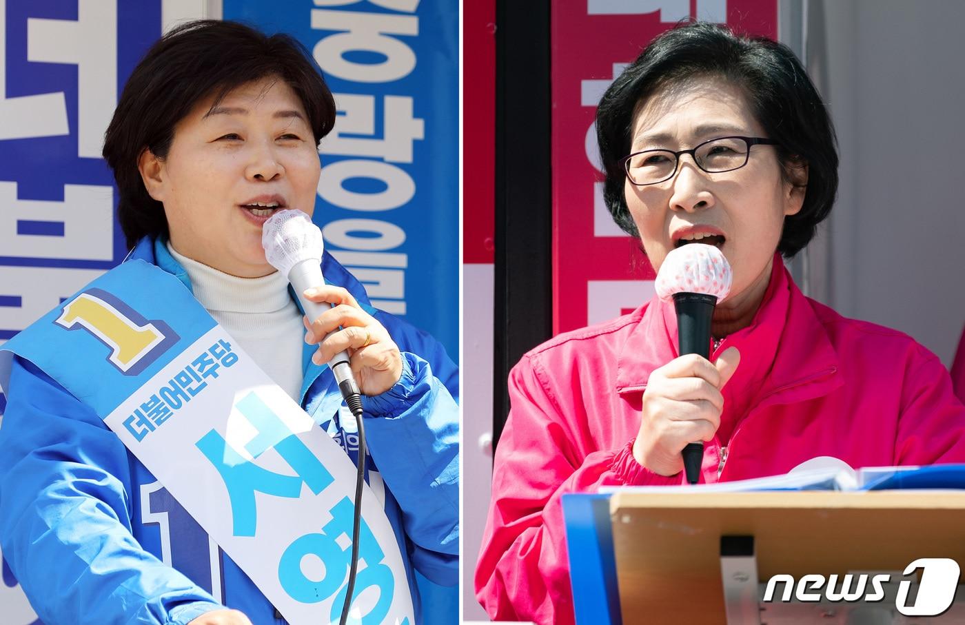 서영교 더불어민주당 중랑구갑 후보와 김삼화 미래통합당 중랑구갑 후보가 9일 오후 서울 중랑구 일대에서 시민들에게 지지를 호소하고 있다. 2020.4.9/뉴스1 ⓒ News1 이재명 기자