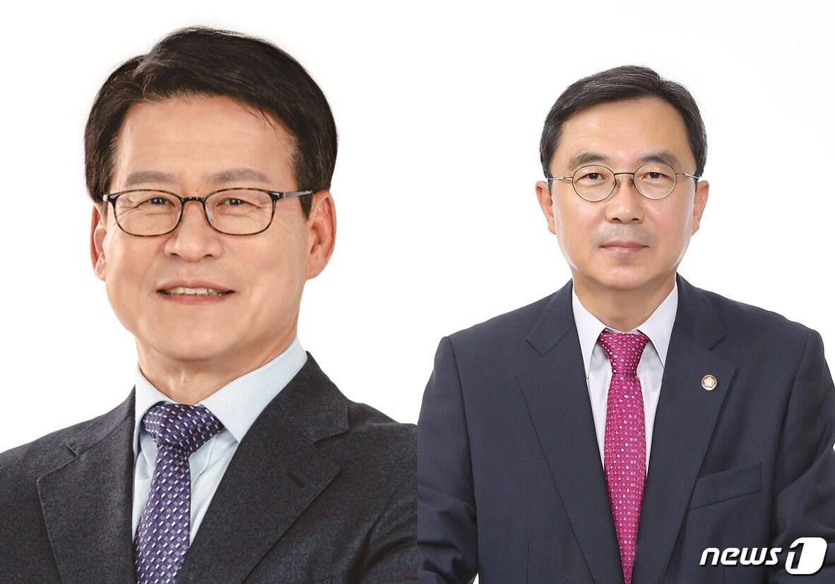 본문 이미지 - 9일 충북 중부3군선거구 후보자가 방송토론에서 열띤 공방을 펼쳤다. 왼쪽부터 민주당 임호선 후보, 통합당 경대수 후보.2020.4.9/ⓒ 뉴스1