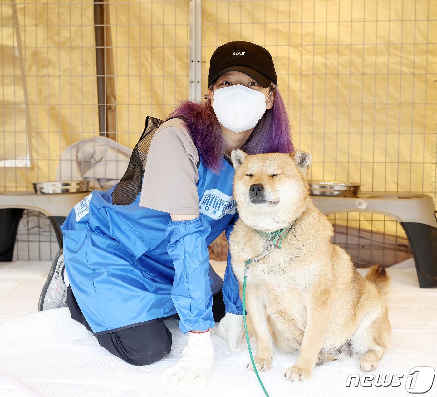 본문 이미지 - 트와이스 정연이 17일 경기도 포천시 비글구조네트워크 포천쉼터(구 애린원)에서 열린 블루엔젤봉사단의 유기동물 봉사활동에 참석해 유기견과 포즈를 취하고 있다. 2020.5.17/뉴스1 ⓒ News1 김진환 기자