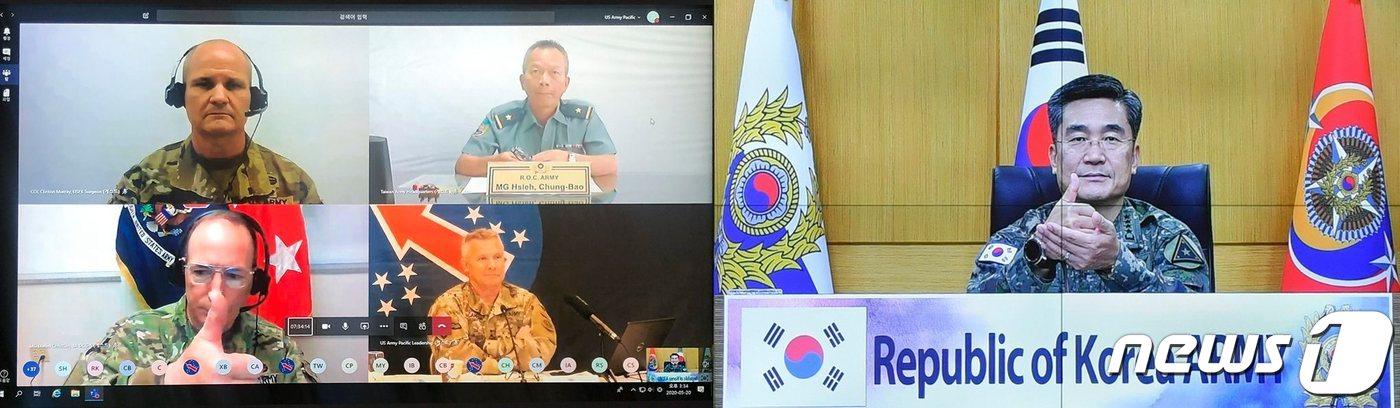 육군이 20일 자체 페이스북에 올린 미국 주관 인도-태평양 지상군 화상회의(IPLC) 당시 사진. 서욱 육군참모총장(오른쪽) 옆 타국 대표들 가운데 대만군 대표( 오른쪽 상단)의 모습이 보인다. /출처=육군 페이스북 ⓒ 뉴스1