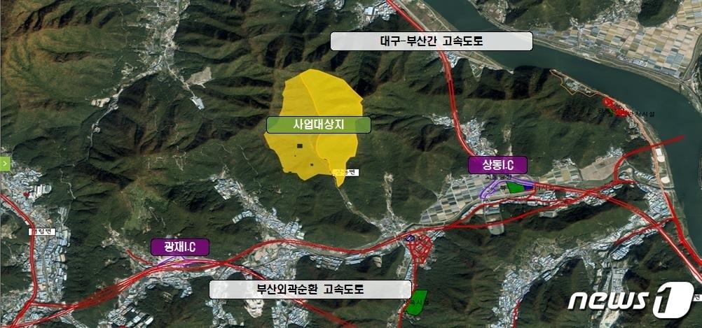 본문 이미지 - 김해시 상동면 대감리 금동산 자락에 국립 체험교육나눔숲이 조성된다. 사진은 나눔숲 조성 사업 위치도. ⓒ 뉴스1
