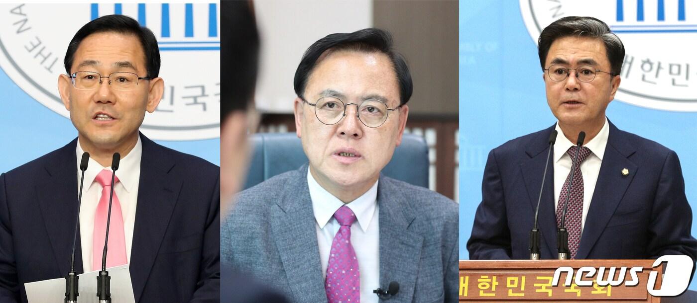 본문 이미지 - 5선 주호영 의원이 4일 국회에서 기자회견을 열고 원내대표 출마를 선언했다. 4선 이명수 의원(충남 아산갑)과 3선 김태흠 의원(충남 보령·서천)에 이어 세번째다. 미래통합당은 6일까지 원내대표 후보 등록은 받은 뒤 8일 경선을 치를 예정이다. 왼쪽부터 주호영, 이명수, 김태흠 의원. 2020.5.4/뉴스1 ⓒ News1 성동훈 기자
