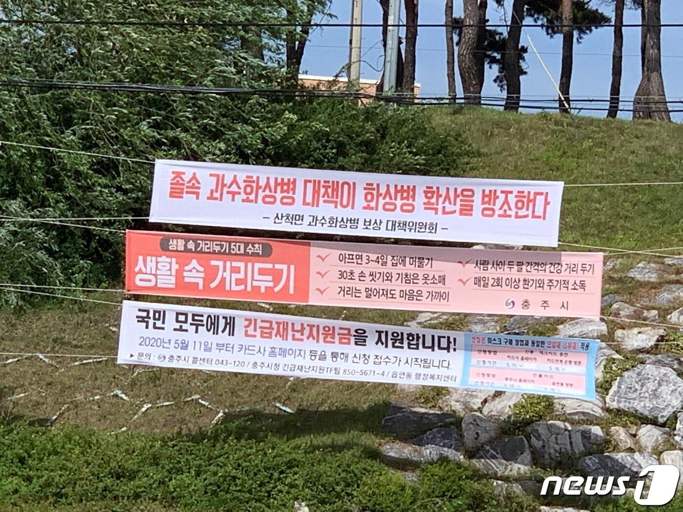 본문 이미지 - 지난 1일 충북 충주시 금가면 도로변에 과수화상병 대책을 촉구하는 현수막이 내걸려 있다.2020.6.1/ⓒ 뉴스1