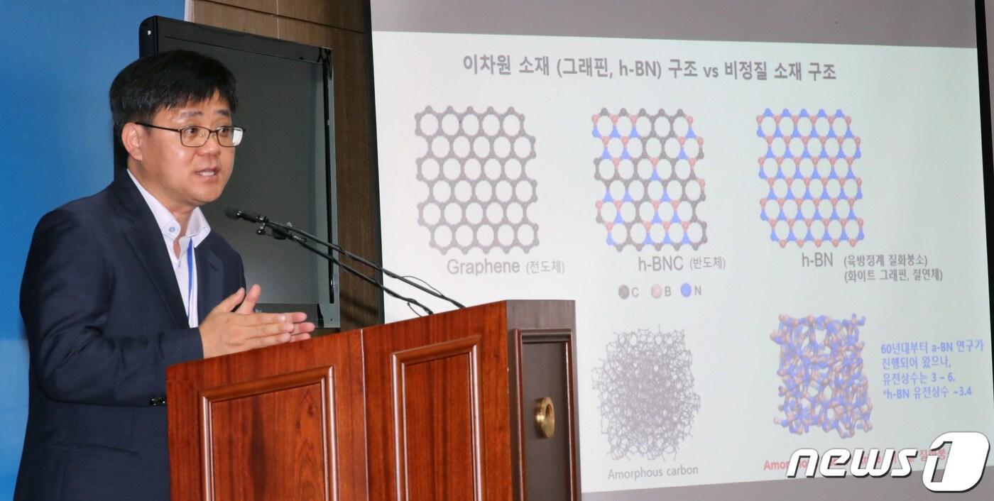 신현석 울산과학기술원(UNIST) 자연과학부 교수가 지난 24일 세종시 어진동 과학기술정보통신부 기자실에서 '반도체 미세공정 한계 돌파 가능한 신소재 개발' 브리핑을 하고 있다. 신 교수는 "현재 반도체 공정에 사용되는 절연체는 다공성 유기규산염으로 유전율이 2.5수준이지만 공동연구팀이 합성한 비정질 질화붕소의 유전율은 1.78로, 기술적 난제로 여겨진 유전율 2.5 이하의 신소재를 발견한 것＂이라고 설명했다. 2020.6.25/뉴스1 ⓒ News1 장수영 기자