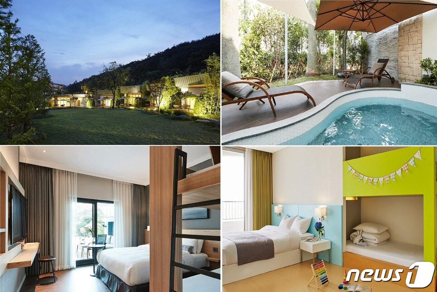 (왼쪽 상단부터 시계방향)스위트호텔 남원 ‘빌라’ 전경, 제주 ‘패밀리풀’, 낙산 ‘키즈룸’, 제주 ’패밀리 벙크 테라스’