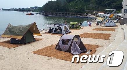 본문 이미지 - 부산 기장군 해안가에 텐트가 늘어서 있다. ⓒ 뉴스1