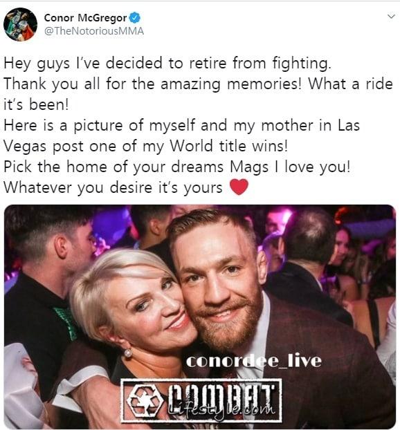 본문 이미지 - UFC 스타 코너 맥그리거가 7일 은퇴를 선언했다. (코너 맥그리거 SNS 캡처)ⓒ 뉴스1