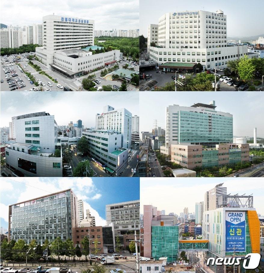 본문 이미지 - 한림대의료원 산하 병원들. 윗줄 왼쪽부터 시계방향으로 한림대학교성심병원, 한림대학교춘천성심병원, 한림대학교동탄성심병원, 한림대학교강남성심병원 신관, 한림대학교강남성심병원 본관, 한림대학교한강성심병원. ⓒ 뉴스1
