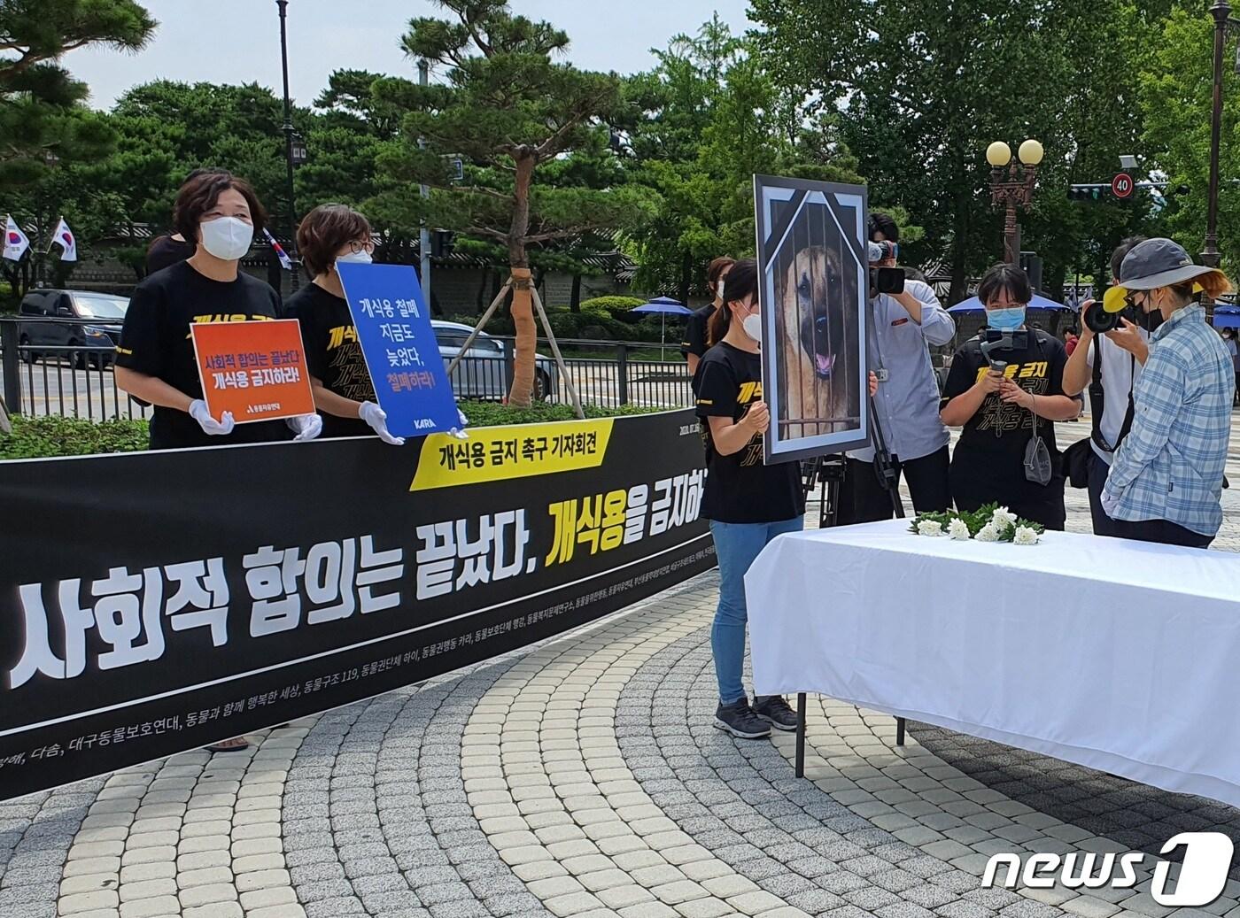본문 이미지 - 동물보호단체들이 16일 청와대 분수대 앞에서 누렁이 대학살 추모 퍼포먼스를 벌이고 있다. ⓒ 뉴스1 최서윤 기자