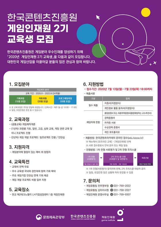 본문 이미지 - 한국콘텐츠진흥원(원장 김영준)은 대한민국 게임산업의 미래를 이끌 우수인재를 양성하기 위해 '2020년 게임인재원 2기' 교육생을 23일까지 모집한다고 밝혔다. /ⓒ News1