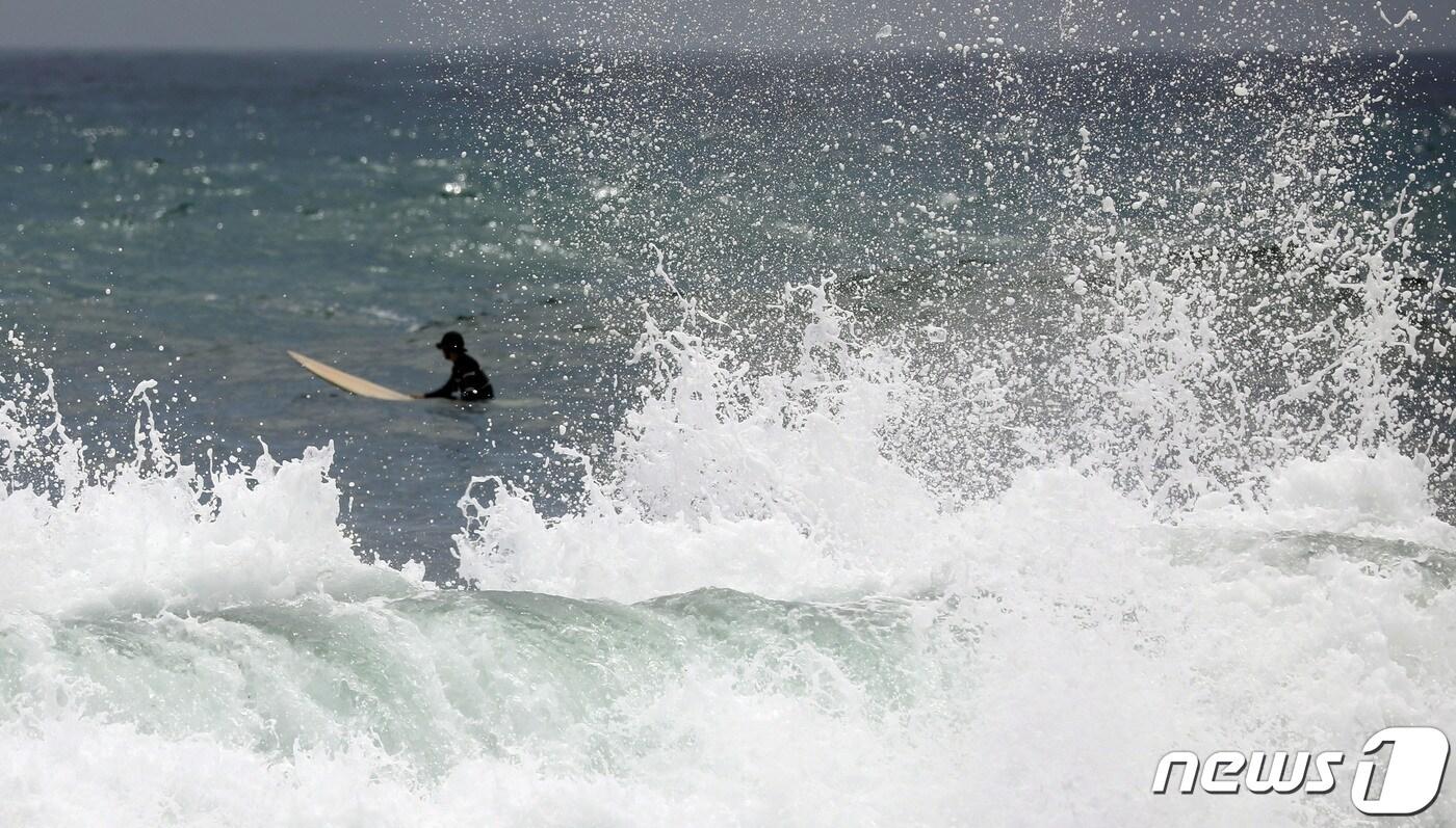 제주에 올해 첫 폭염경보가 발효된 12일 오후 서귀포시 중문색달해변에서 서퍼들이 서핑을 하고 있다. 제주지방기상청은 이날 오전 11시를 기해 제주도 북·동부에 내려져 있던 폭염주의보를 폭염경보로 격상했으며, 서부와 남부에도 현재 폭염주의보가 내려졌다.2020.8.12/뉴스1 ⓒ News1 오현지 기자