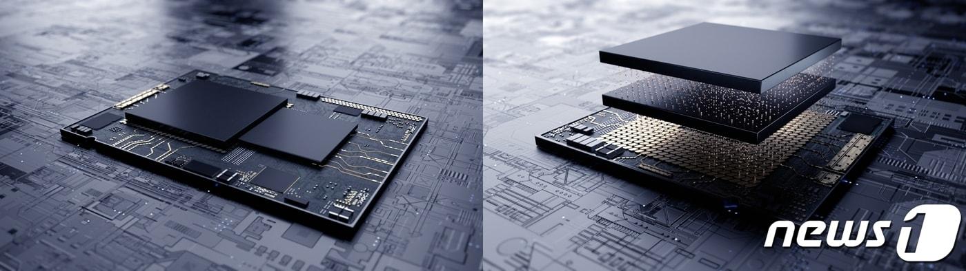 사진 왼쪽은 기존 시스템반도체의 평면 설계. 오른쪽은 삼성전자의 3차원 적층 기술 'X-Cube'를 적용한 시스템반도체의 설계. (삼성전자 제공) 2020.8.13/뉴스1
