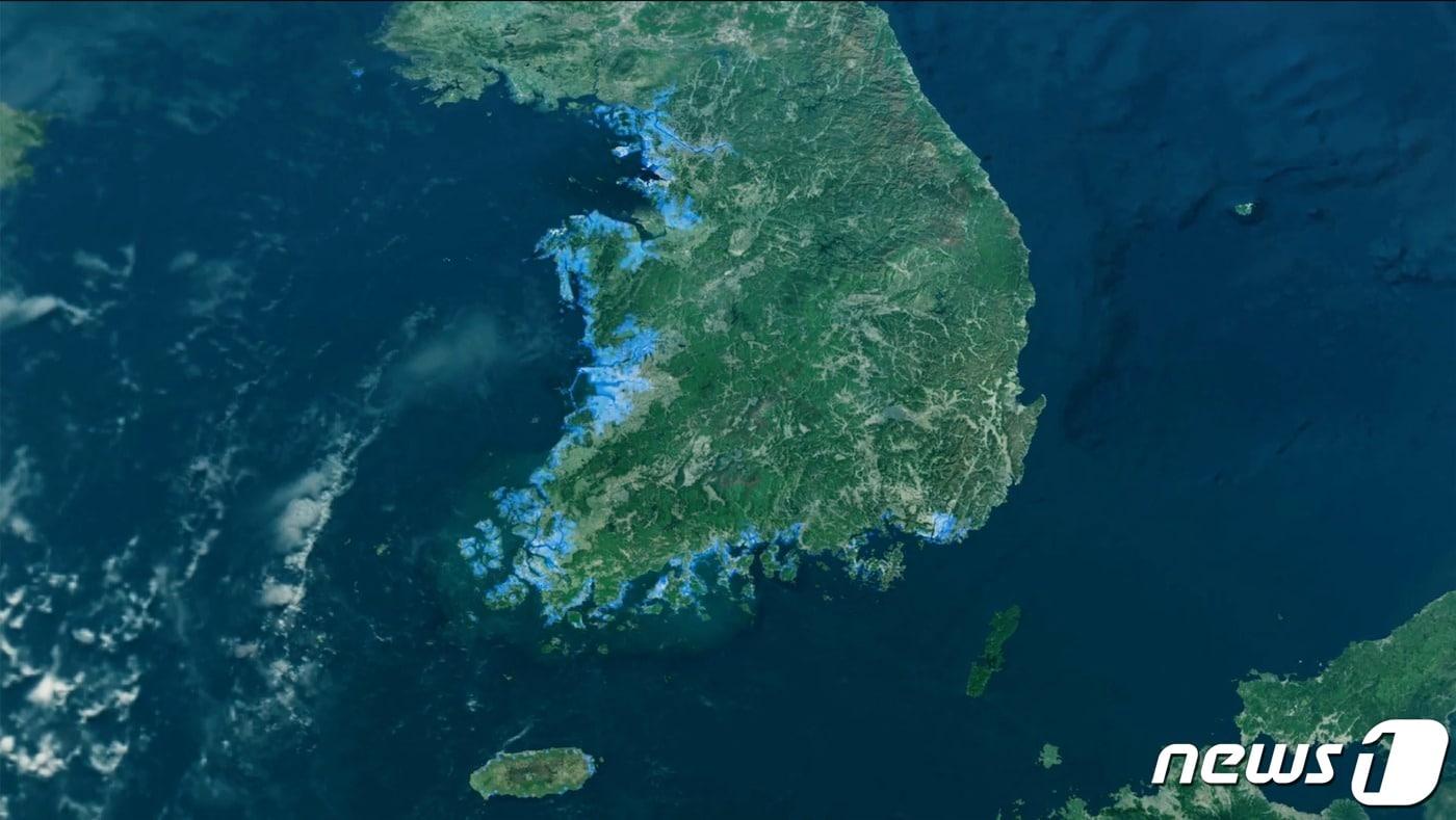 본문 이미지 - 그린피스가 제작한 2030년 한반도 대홍수 분석 영상 중 일부 하늘색으로 표시된 부분이 침수 예상지역이다.(그린피스 제공)ⓒ 뉴스1