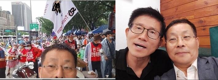 본문 이미지 - 차명진 전 새누리당 의원은 지난 15일 이사계획이 있었지만 비가 오는 바람에 취소하고 광화문 집회에 참석했다고 밝혔다. 그 자리에서 자신의 멘토인 김문수 전 경기지사와 만나 사진을 찍었던 차 전 의원은 19일 코로나19 확진판정을 받았다. 페이스북 갈무리 ⓒ 뉴스1