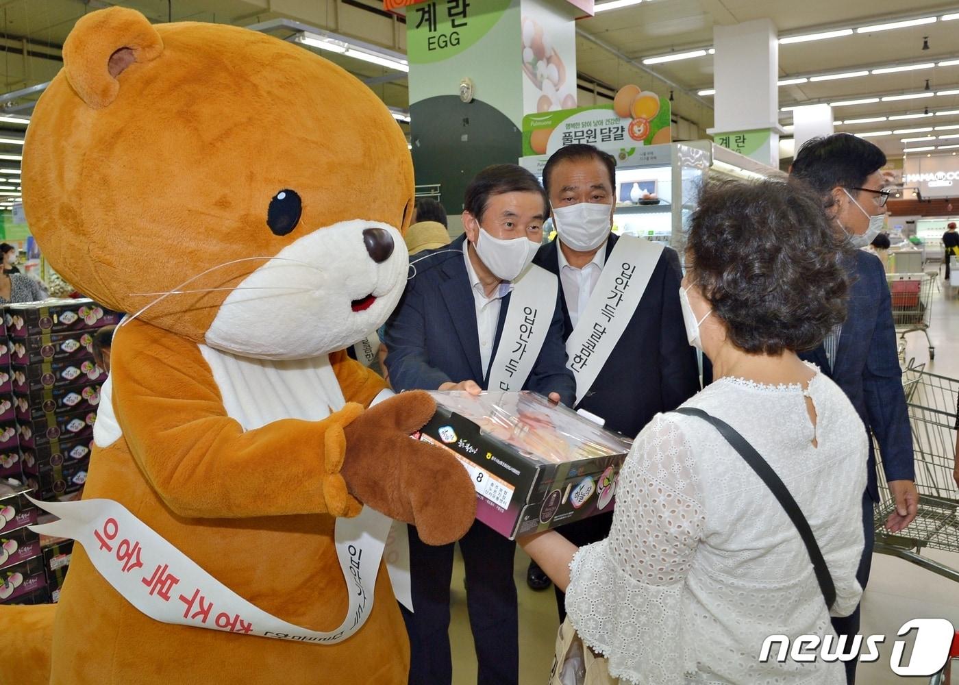 본문 이미지 - 20일 충북 충주시가 충주복숭아 출하기를 맞아 서울 양재 등 수도권에서 판촉행사를 열었다고 밝혔다. 충주시 농수산물 홍보 캐릭터 '충주씨'와 조길형 충주시장이 충주복숭아 판매에 나선 모습.(충주시 제공)2020.8.20/ ⓒ 뉴스1