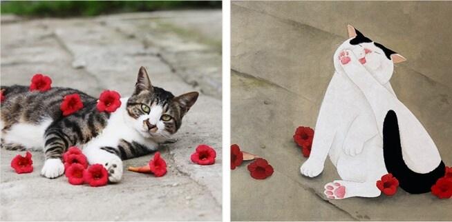 본문 이미지 - 이용한 작가의 고양이 사진(왼쪽)과 김수빈 작가의 고양이 민화. 사진 미묘한프로젝트 제공 ⓒ 뉴스1