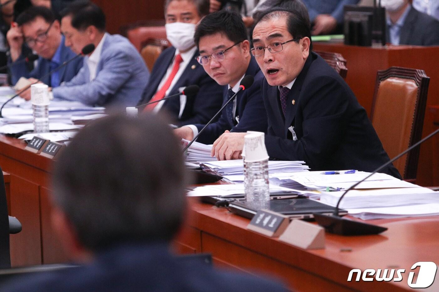본문 이미지 - 태영호 미래통합당 의원이 3일 오후 서울 여의도 국회에서 열린 외교통일위원회 전체회의에서 이인영 통일부 장관과 질의응답을 하고 있다. 2020.7.3/뉴스1 ⓒ News1 성동훈 기자