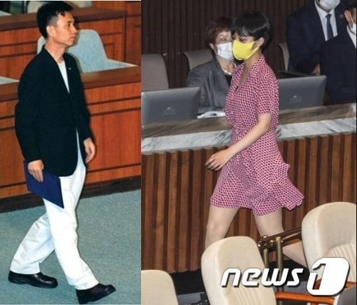 본문 이미지 - 2003년 백바지 차림으로 국회의원 선서를 한 유시민 노무현 재단 이사장에게 비난이 쏟아졌듯 원피스 차림으로 국회 본회의장에 등장한 류호정 의원에게도 부적절 비판과 함께  성희롱성 비난까지 등장했다.  ⓒ News1