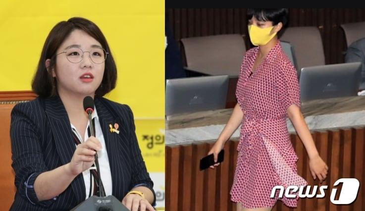 본문 이미지 - 국회내 젊은 의원들 모임인 '2040청년다방' 소속인 용혜인 기본소득당 의원(왼쪽)과 류호정 정의당 의원. 용 의원은 류 의원의 '원피스'차림은 청년다방 모임 때 복장 그대로 본회의장에 참석하자는 약속 때문으로 "류 의원은 약속을 지켰을 뿐이다"고 했다. ⓒ 뉴스1