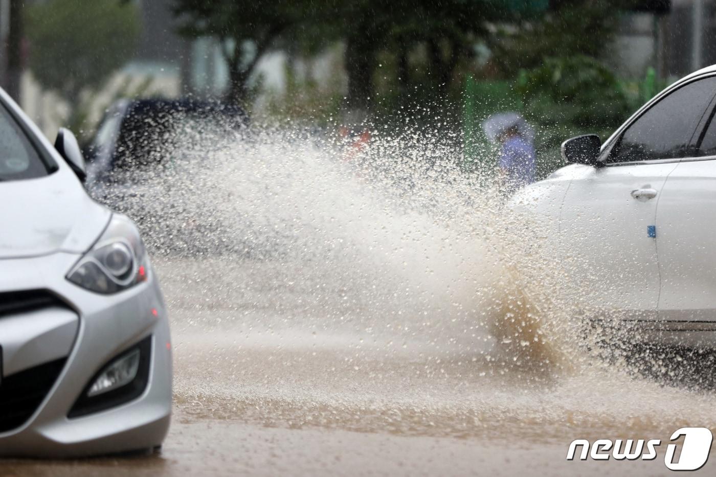 광주지역에 호우경보가 내려진 지난 2020년 8월 7일 오후 광주 서구 한 도로에서 차량들이 빗물을 뿌리며 달리고 있다. 2020.8.7/뉴스1 ⓒ News1DB