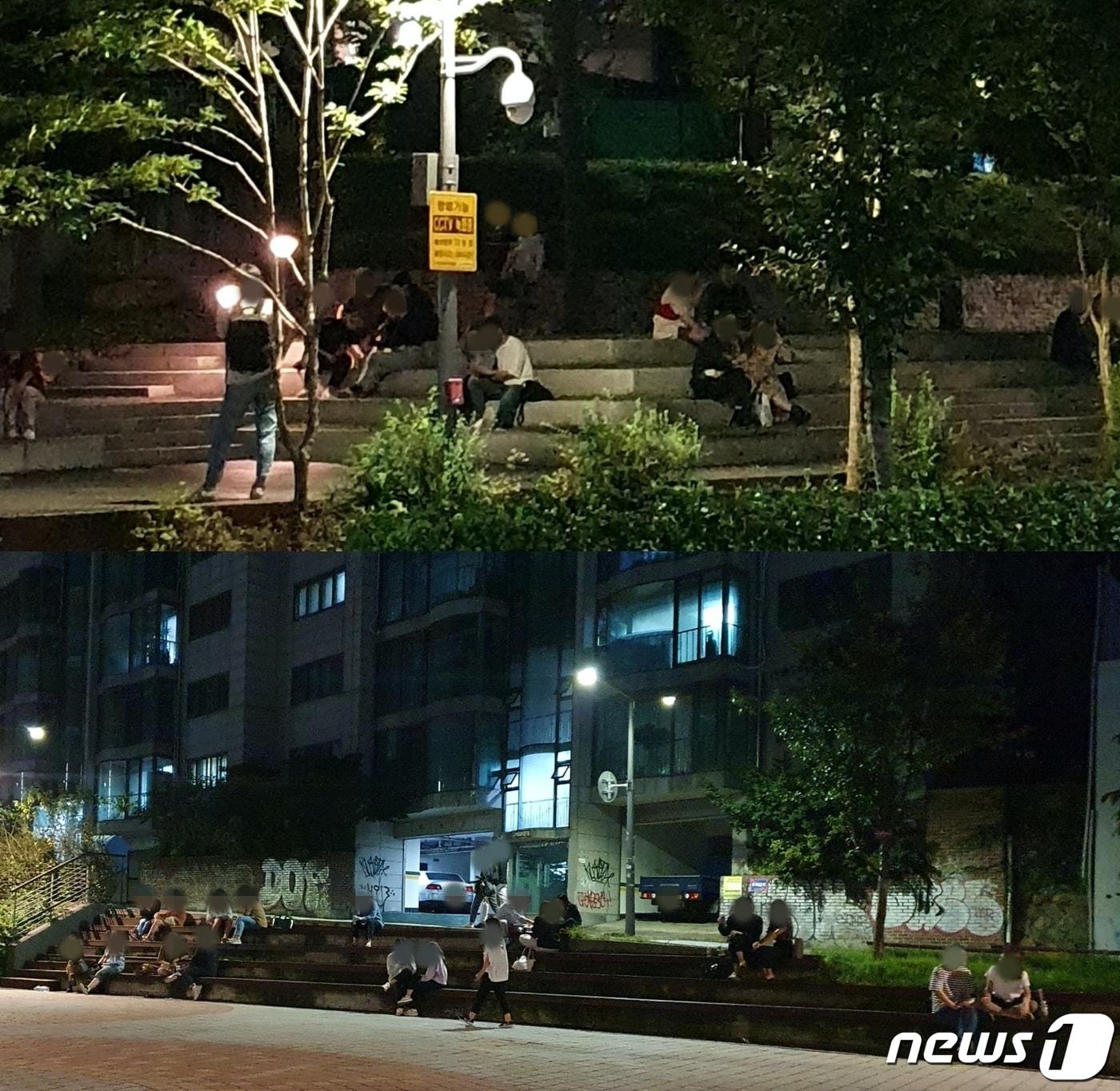 본문 이미지 - 10일 오후 늦은 시각, 서울 마포구 서교동 인근 경의선 숲길공원 '경의선 책거리' 인근에 사람들이 다수 앉아 있다. ⓒ 뉴스1 황덕현 기자