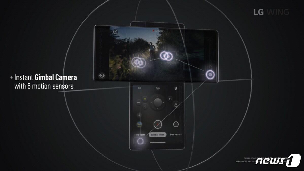 본문 이미지 - LG전자가 14일 오후 11시 온라인 공개행사를 통해 전략 스마트폰 'LG 윙'(LG WING)을 전격 공개했다. 사진은 윙만의 기능인 짐벌 모션 카메라 기능 (LG전자 제공) ⓒ 뉴스1