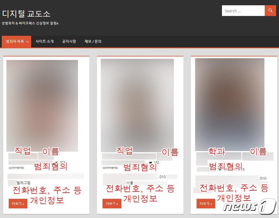 본문 이미지 - 방송통신심의위원회가 디지털교도소에 대해 '일부 차단'을 결정했지만, 사진을 제외한 이름·주소·범죄혐의 등의 정보는 그대로 두기로 했다. 디지털교도소 메인페이지. ⓒ 뉴스1 김정현 기자