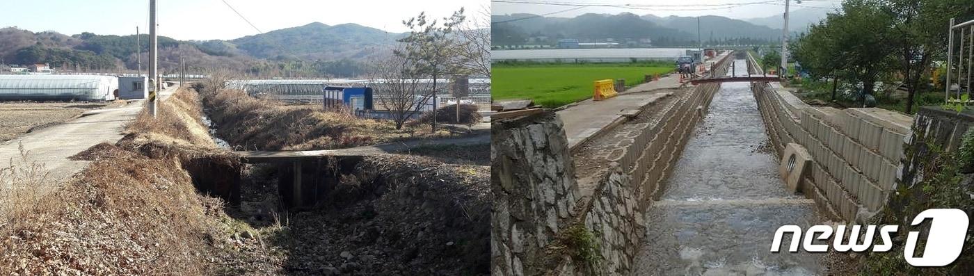 본문 이미지 - 산청군 자양 소하천 준공 전(왼쪽) · 준공 후 모습(산청군 제공)ⓒ 뉴스1