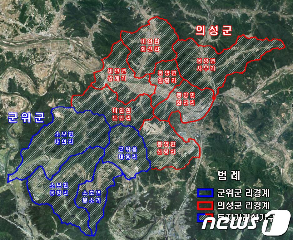 본문 이미지 - 경북도는 27일 의성 공항신도시에 민간과 군이 함께 사용하는 'K-2 민군복합커뮤니티센터' 건립을 추진한다고 밝혔다. 사진은 대구경북 통합신공항 이전 예정지 토지거래허가 구역 지역도..  News1 DB