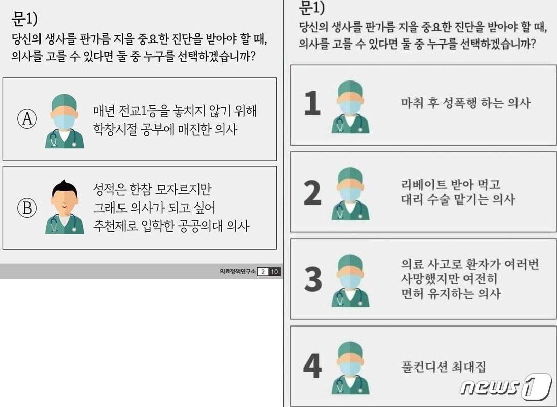 본문 이미지 - 대한의사협회 의료정책연구소가 1일 SNS에 올린 게시물(왼쪽)과 패러디물.(SNS 갈무리)ⓒ 뉴스1