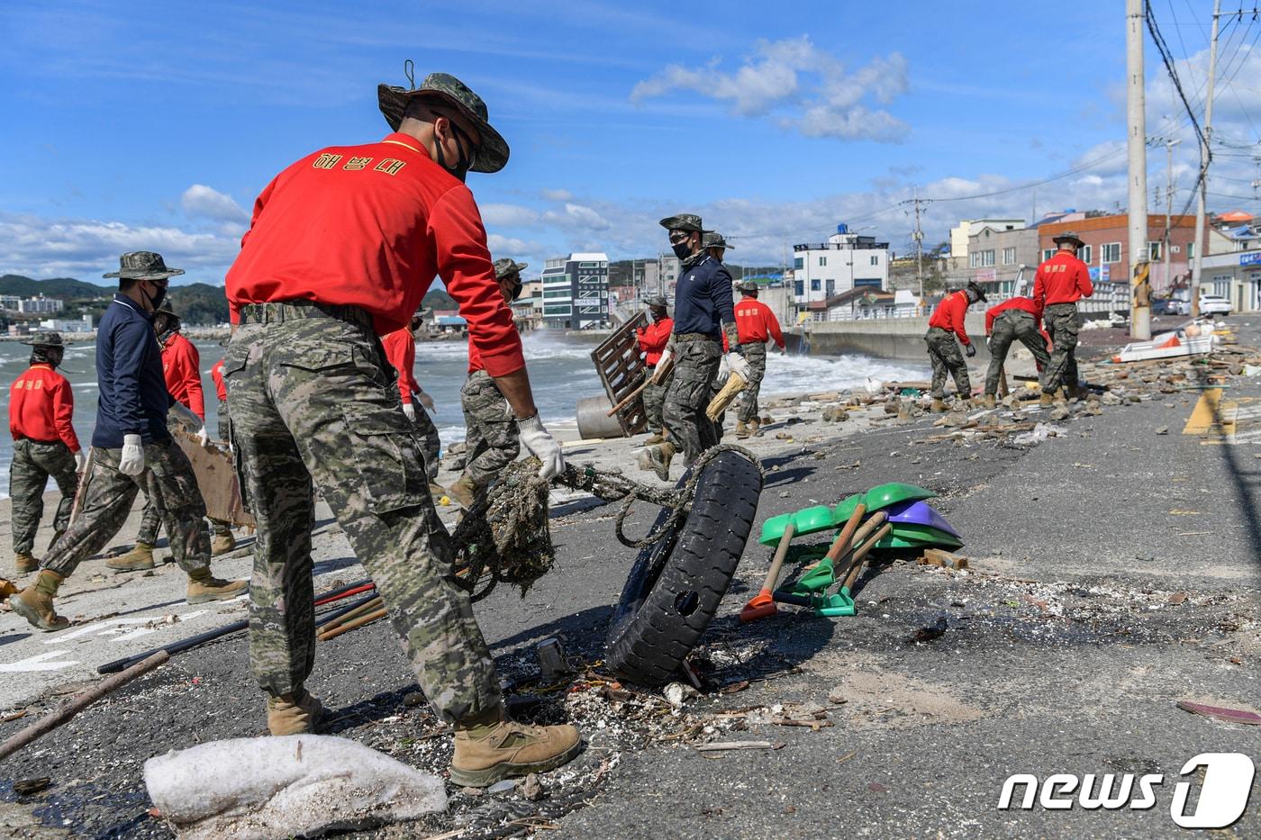 2020년 해병대 1사단 장병과 신속기동부대원 500여명이 태풍 '마이삭' 피해를 복구하는 모습. ⓒ News1 최창호 기자