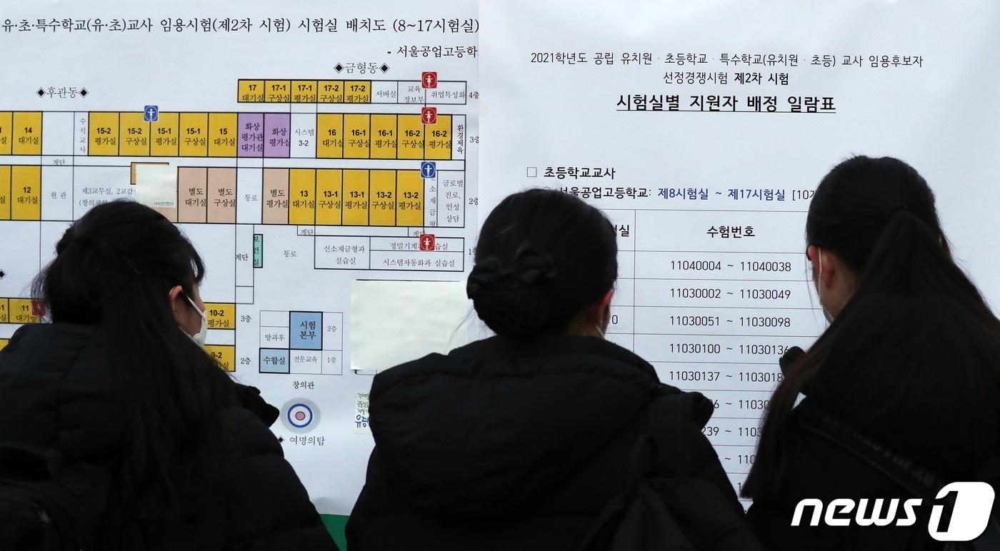 2026학년도 대구 공·사립 중등교사 임용 1차 시험이 오는 22일 실시된다. 사진은 2021년 1월 서울공업고등학교에서 열린 2021학년도 서울특별시 공립 유치원·초등학교·특수학교&#40;유치원 ·초등&#41; 교사 임용후보자 선정경쟁 제2차 시험에서 응시생들이 배치표를 확인하는 모습. 2021.1.13/뉴스1 ⓒ News1 자료 사진