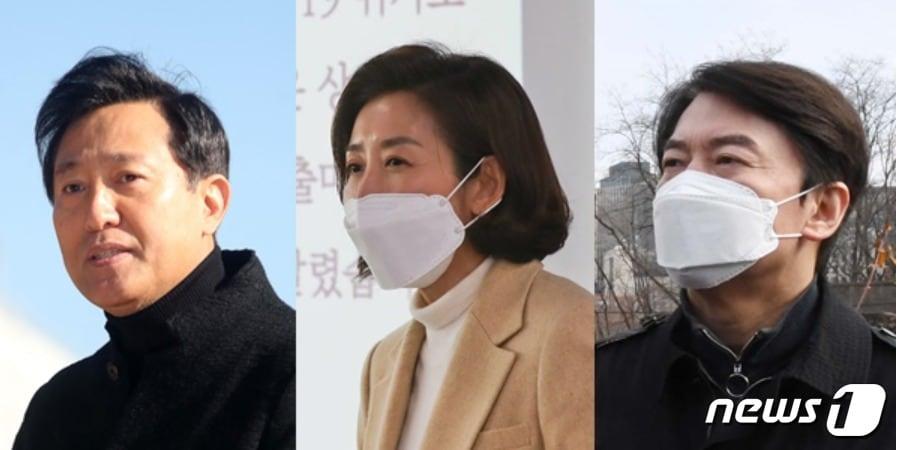 본문 이미지 - 오는 4월 서울시장 보궐선거에 뛰어든 안철수 국민의당 대표, 나경원 전 미래통합당 의원, 오세훈 전 서울시장(오른쪽부터). ⓒ 뉴스1