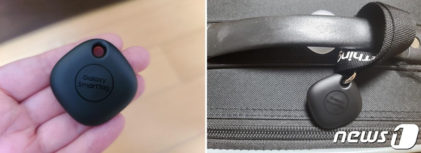 삼성전자 갤럭시 스마트태그(왼쪽), 여행용 가방(캐리어)에 부착된 스마트태그(오른쪽). ⓒ News1 조소영 기자
