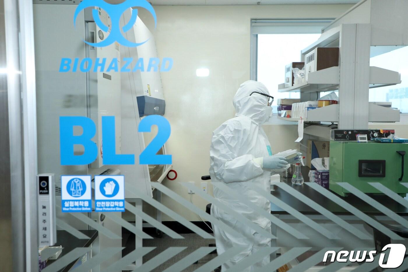 본문 이미지 - 지난 4일 오후 광주 서구 유촌동 광주시보건환경연구원 생물안전 2듭급(BL-2) 실험실에서 방호복을 입은 연구원이 코로나19 검사를 진행하고 있다.2020.1.4/뉴스1 ⓒ News1 허단비 기자